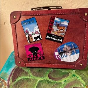 Brown Metal Lunchbox with Faux Travel Stickers